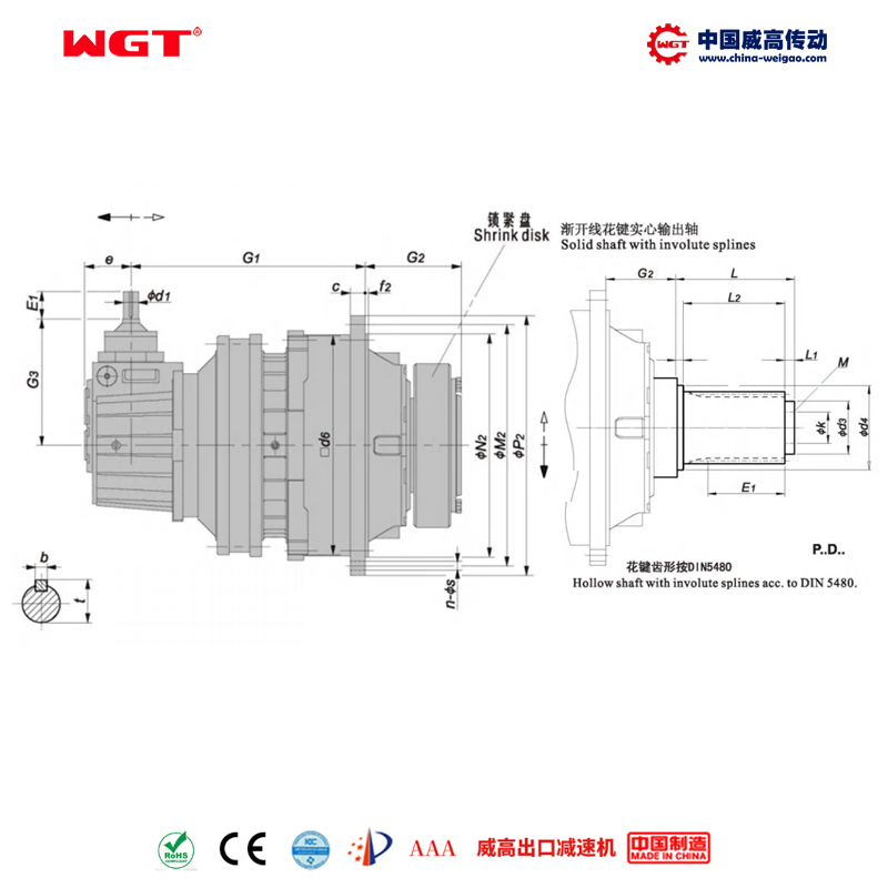 P3KD34 (i:560-4000) P series 3-stage planetary transmission input primary bevel gear-helical gear orthogonal shaft output flat key solid shaft