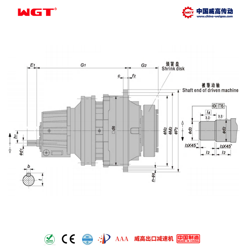 P3SA10 (i:280-900) P series planetary primary helical gear parallel shaft hollow shaft with locking disk