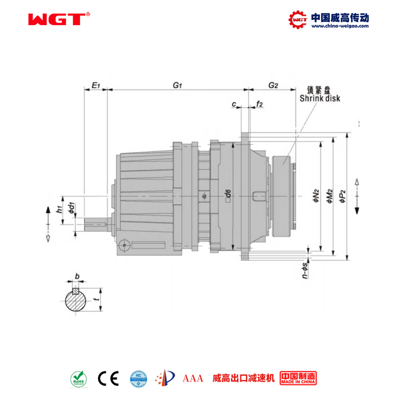 P2SA31 (i:45-125) P series planetary primary helical gear parallel shaft with locking disc hollow shaft