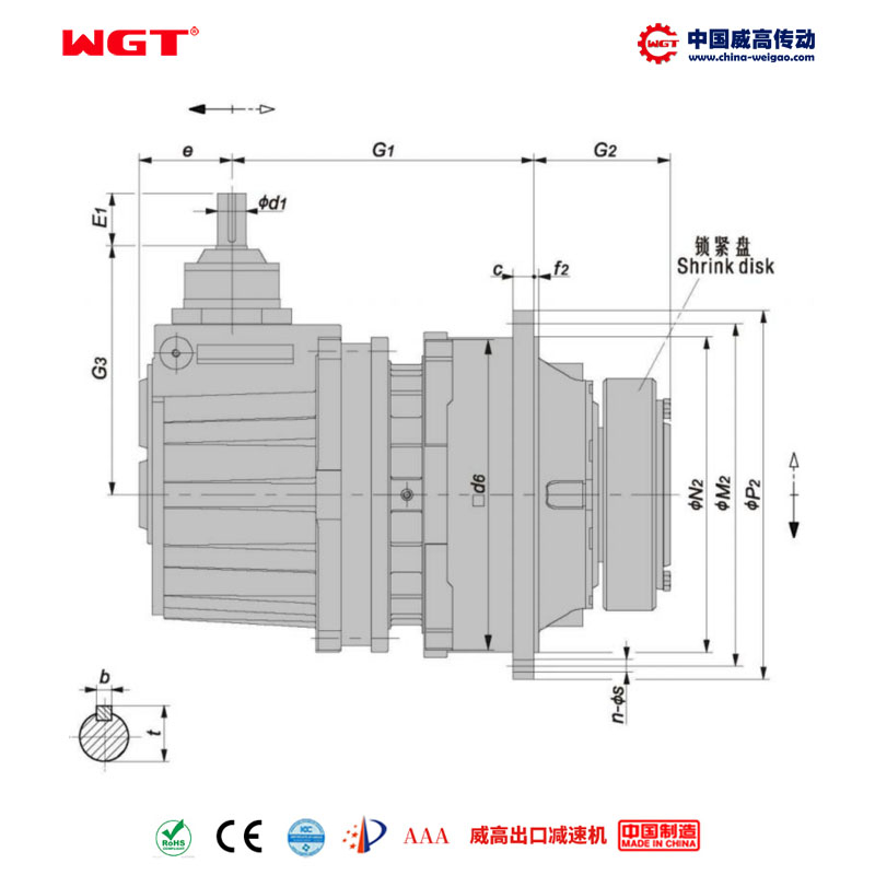 P2KA28 (i:112-500) P series planetary transmission first stage bevel gear - helical gear orthogonal shaft with hollow shaft with locking disk