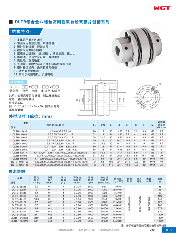 DLTB aluminum alloy eight-screw high rigidity double-step double-diaphragm keyway series