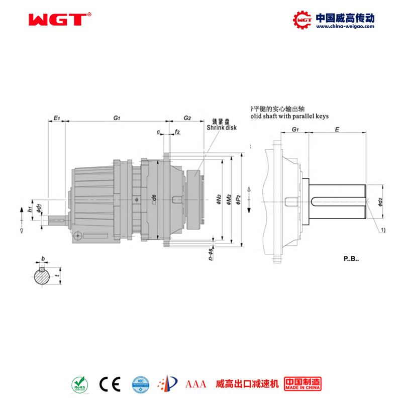 P2SB20 (i:45-125) P series planetary primary helical gear parallel shaft flat key solid shaft
