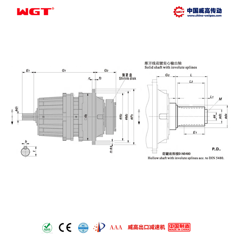 P2ND29 (i:25-40) P series planetary standard coaxial involute spline solid output shaft