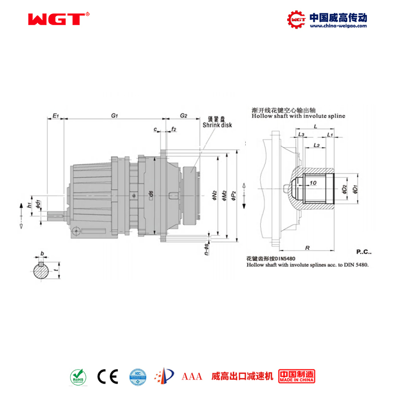 P2SC20 (i:45-125) P series planetary primary helical gear parallel shaft involute spline hollow shaft