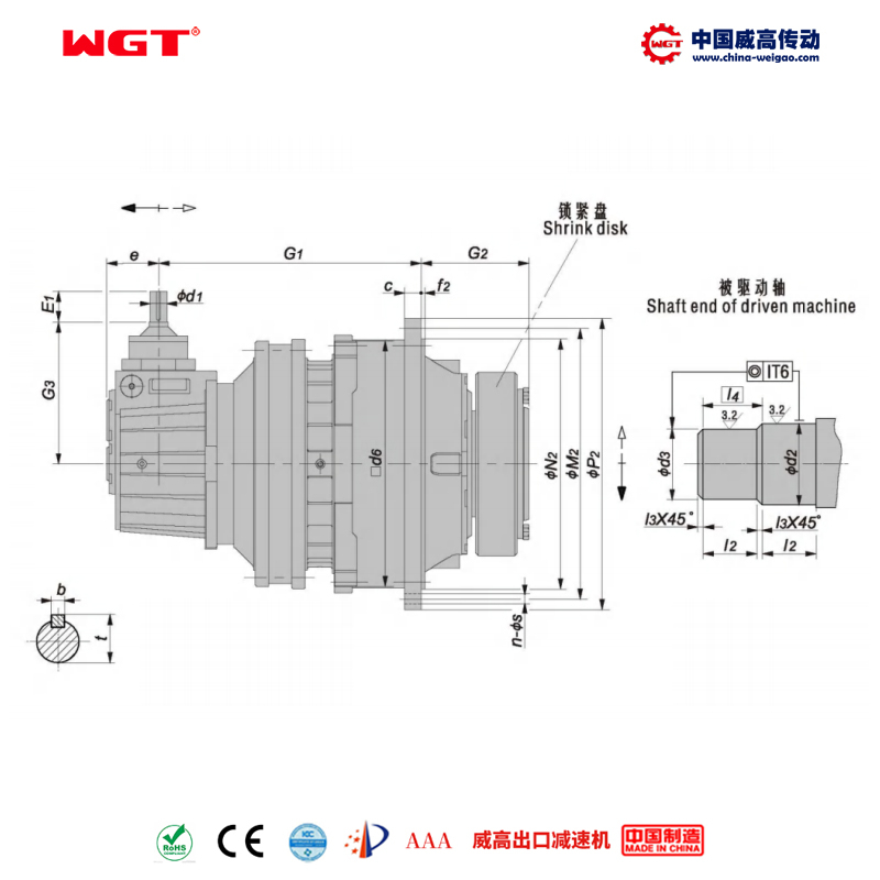 P3KA27 (i:560-4000) P series 3-stage planetary transmission input primary bevel gear-helical gear orthogonal shaft output hollow shaft with locking disk