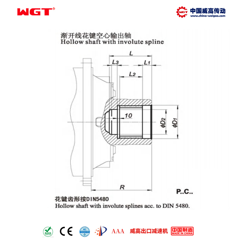 P2LC12 (i:31.5-100) P series planetary primary bevel gear orthogonal shaft Zhejiang open line spline hollow shaft