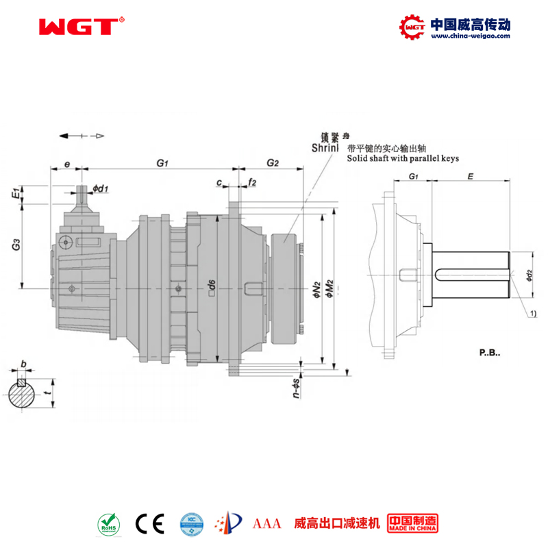 P3KB17 (i:560-4000) P series 3-stage planetary transmission input primary bevel gear-helical gear orthogonal shaft output flat key solid shaft