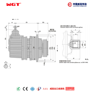 P2KC30 (i:112-500) P series planetary transmission primary bevel gear-helical gear orthogonal shaft involute spline hollow shaft