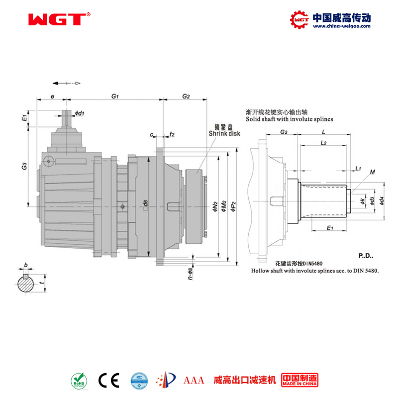 P2KD22 (i:112-500) P planetary gearbox first stage bevel gear - helical gear orthogonal shaft involute spline solid shaft