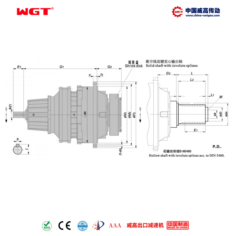 P3ND13 (i:140-280) P series planetary standard type (coaxial type) involute spline solid shaft